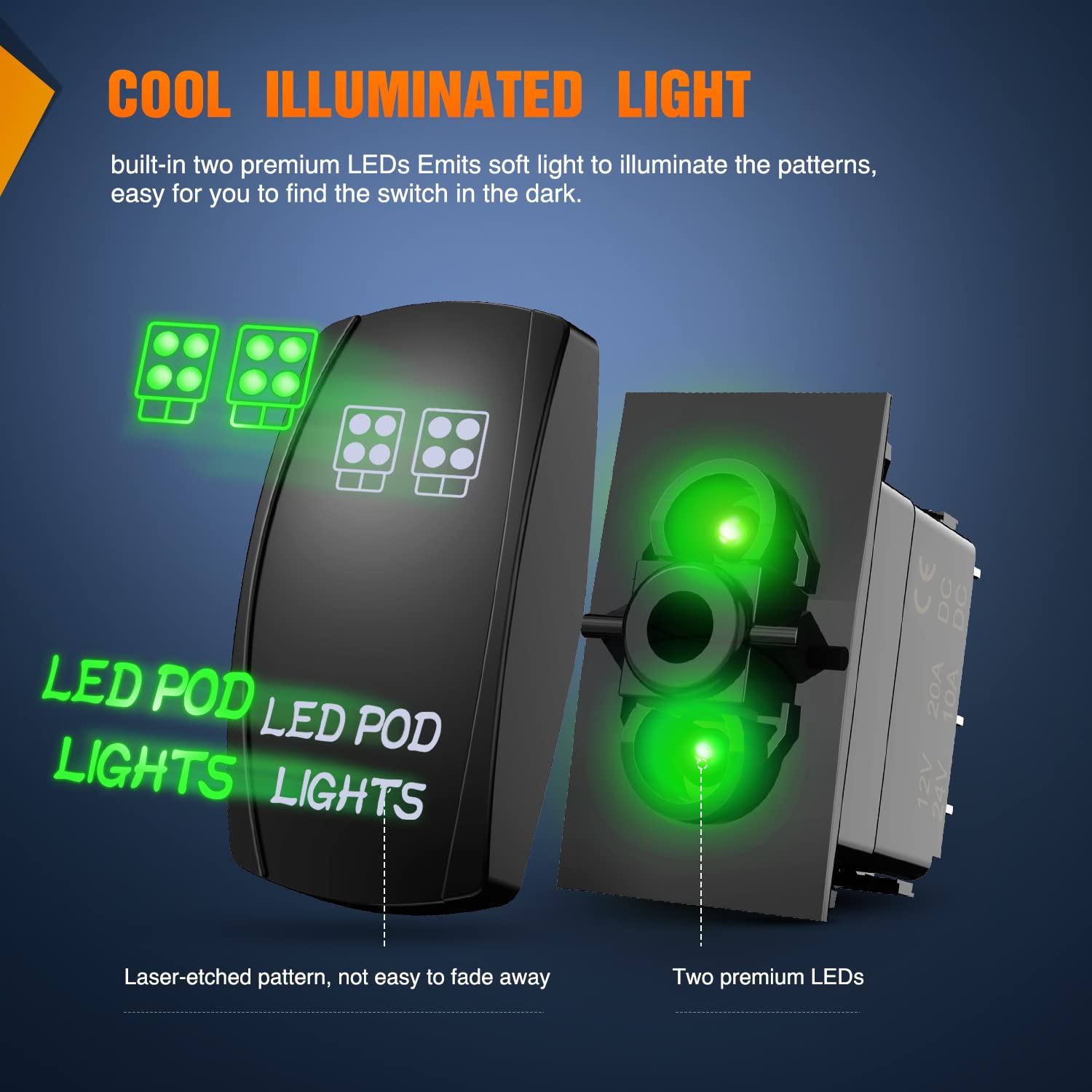 5Pin Laser On/Off LED Pod Lights Rocker Switch Green Nilight