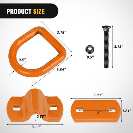 4 PCS D Ring Tie Down Anchor 1/2 Inch Heavy Duty Rings with Screws Bolts on Trailer Truck Bed Cargo 12000 Lbs Break Strength Hook Orange