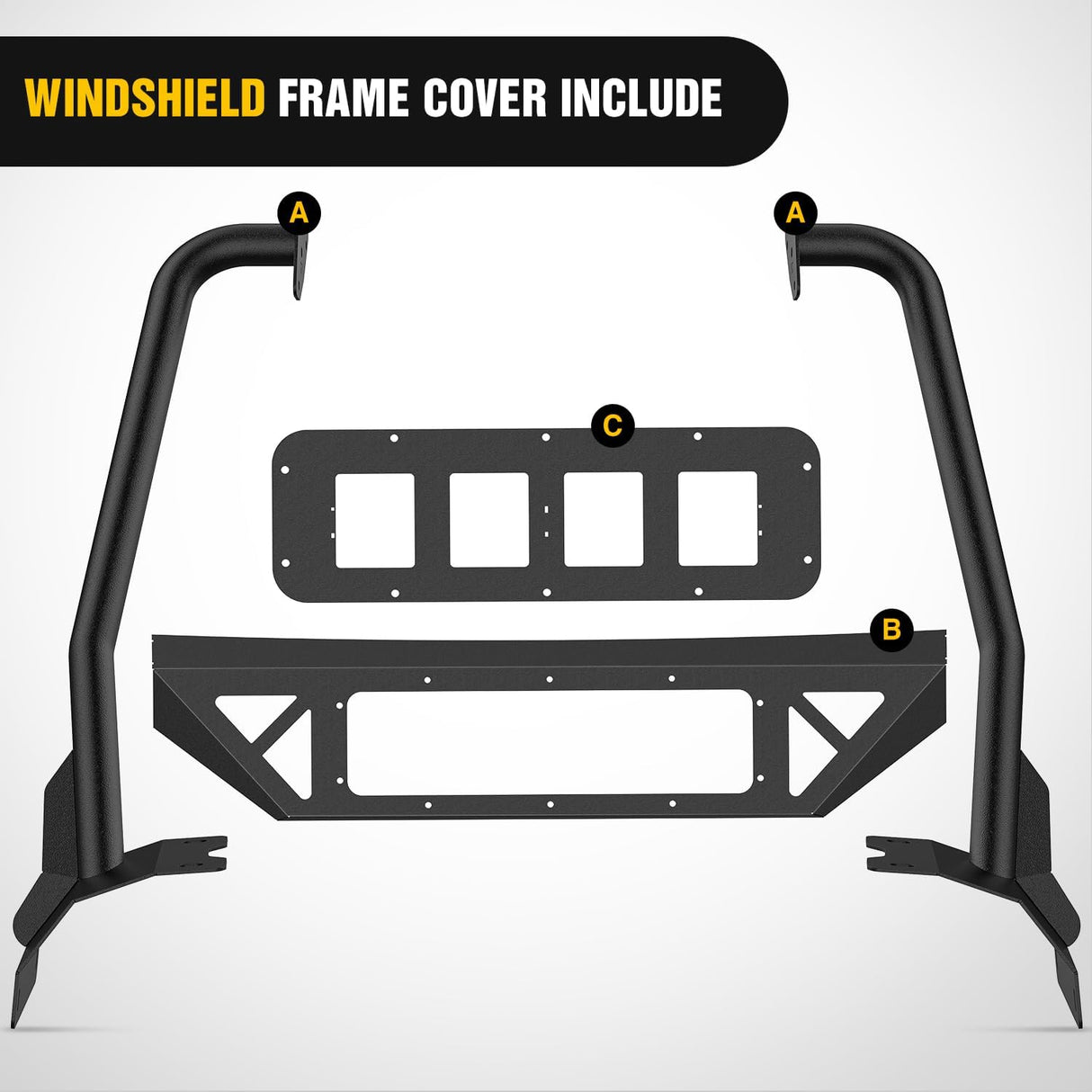 Windshield Frame Cover with 4 x LED Lights Insert Roof Sun Visor Cowl Body Armor Compatible with 2018-2026 Jeep Wrangler JL JLU & Gladiator JT (Excluding JL 4xe & JT Mojave)