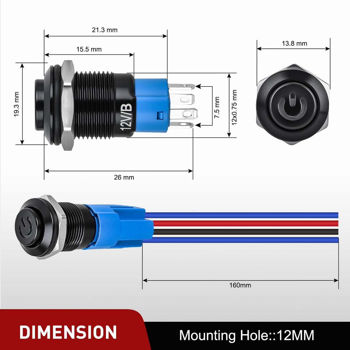 12mm Latching Push Button Switch 6pcs LED Blue Waterproof Small Round Power Button Switches with Pre-Wiring Socket for Car Truck Boat Marine RV Vehicle