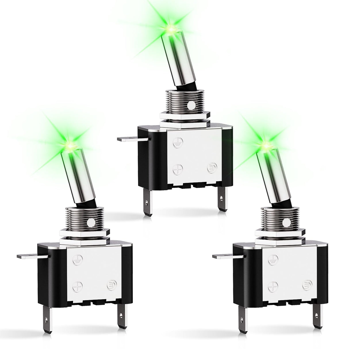 3PCS Green LED Toggle Switches 12V 20A 3 Pin 2 Position ON Off SPST Heavy Duty Rocker Switch for Auto Car Marine RV Vehicles Truck Boat Dash