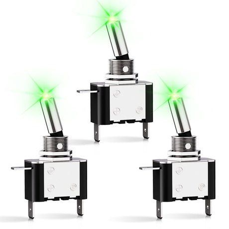3PCS Green LED Toggle Switches 12V 20A 3 Pin 2 Position ON Off SPST Heavy Duty Rocker Switch for Auto Car Marine RV Vehicles Truck Boat Dash