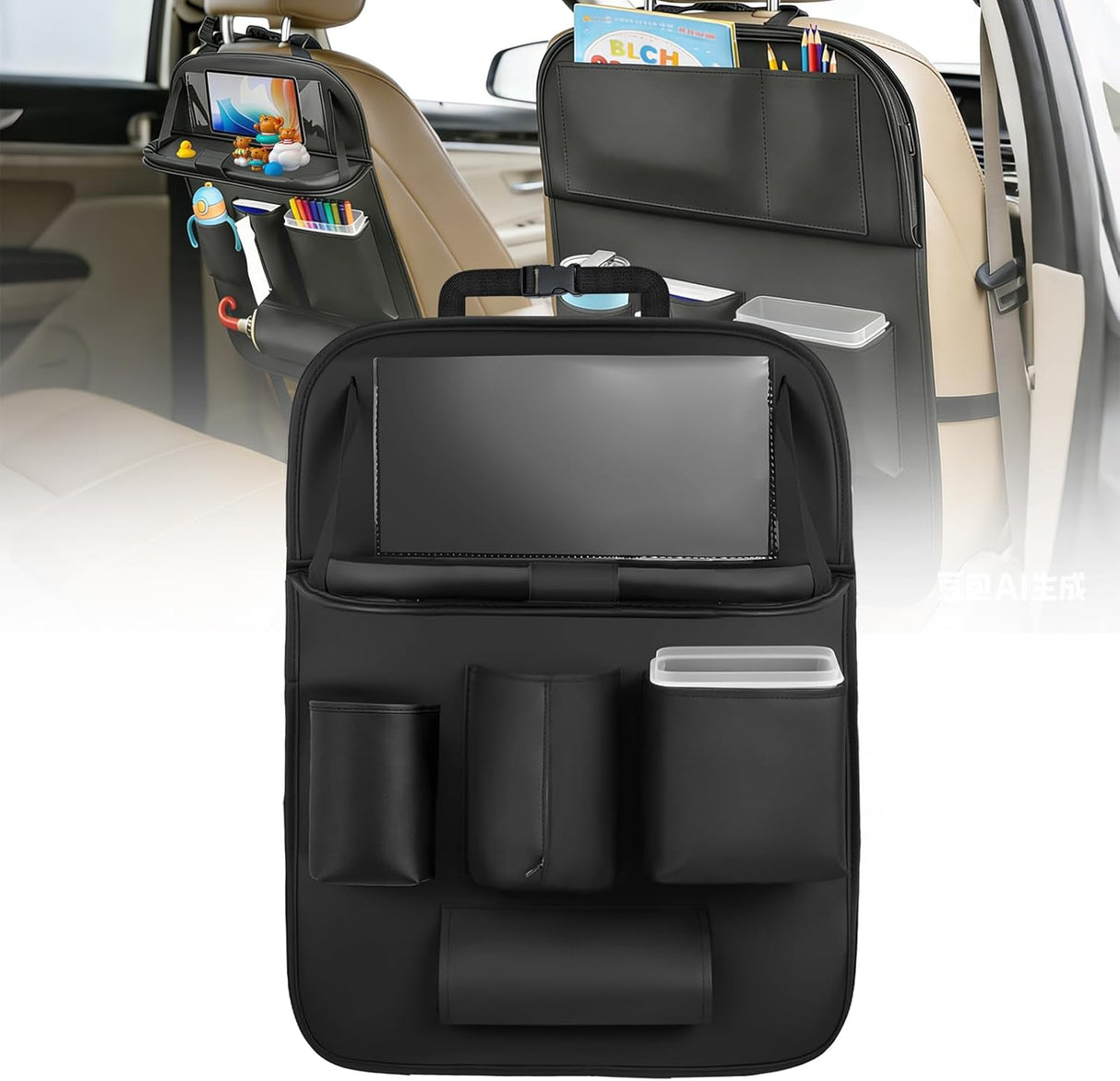 Car Seatback Organizer 1PC Black PU Leather Universal | Foldable Tray Tablet Holder Tissue Box Removable Bucket Waterproof Storage Bag for Cars Vans SUVs MPVs Pickup Trucks