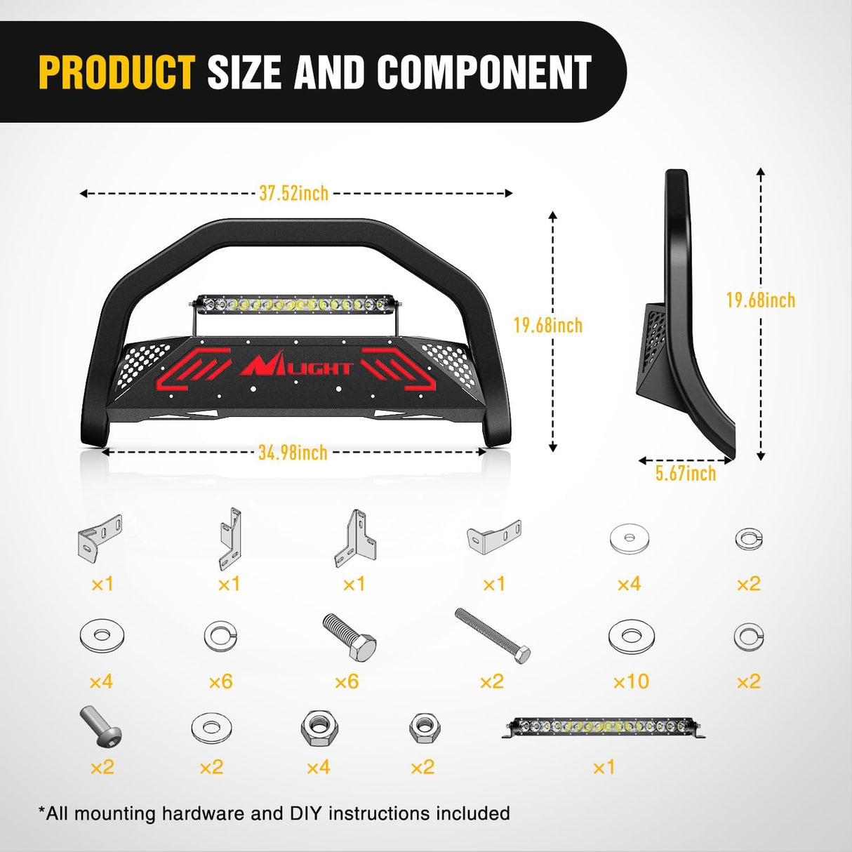 Bull Bar with Light Bar&License Plate Hole Compatible with Toyota Tacoma 2016 2017 2018 2019 2020 2021 2022 2023 Truck Brush Guard, Front Bumper Push Bar w/Grille Skid Plate Light Mount