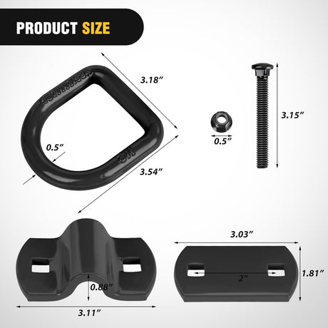 4 PCS D Ring Tie Down Anchor 1/2 Inch Heavy Duty Rings with Screws Bolts on Trailer Truck Bed Cargo 12000 Lbs Break Strength Hook Black