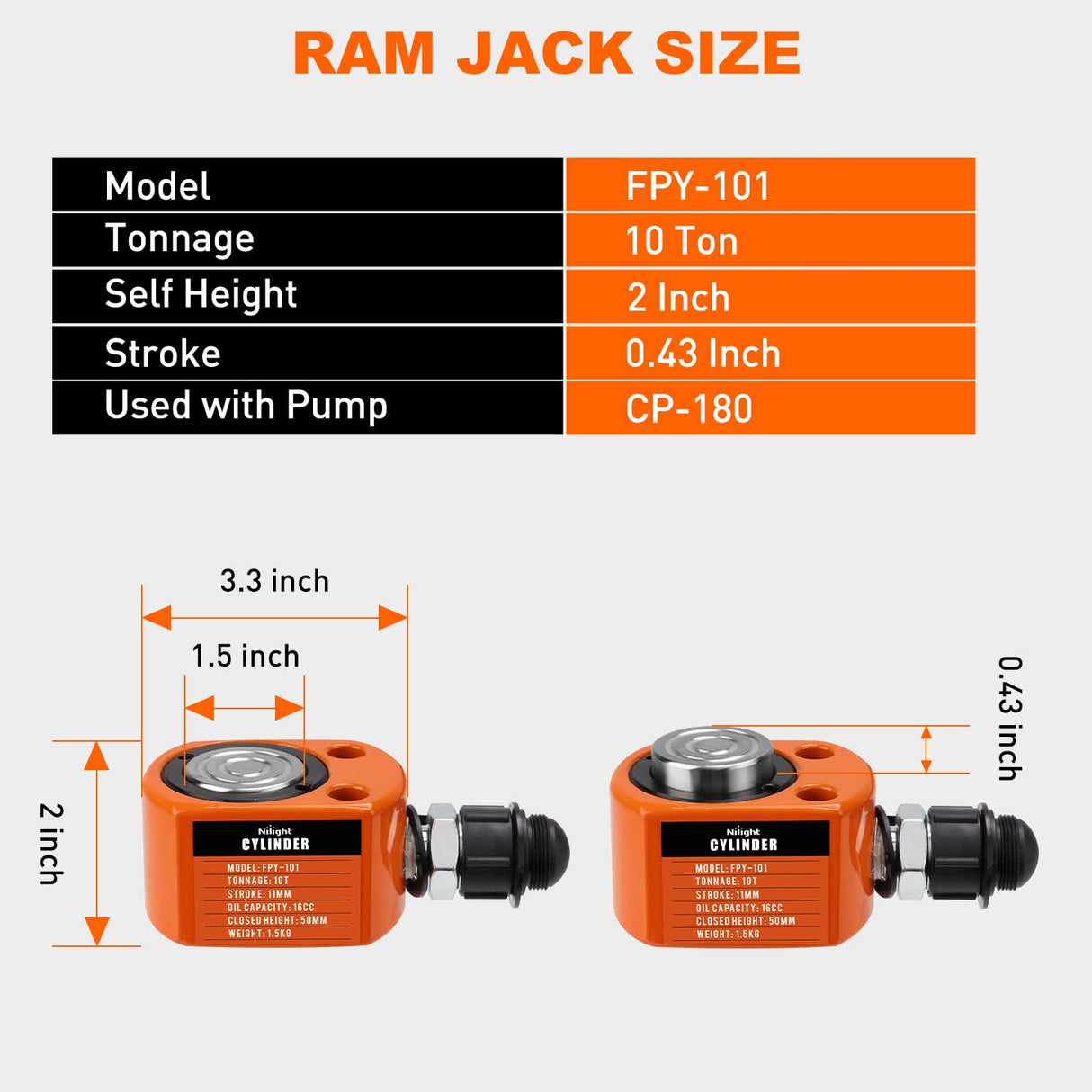 10 Ton Hydraulic Cylinder Jack Porta Power Ram, Heavy Duty Low Profile 0.43 Inch Stroke Automatically Retract Mini Jack Ram Single Acting Lifting Cylinders for Machinery Shipbuilding, Orange