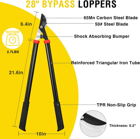 28 Inch Loppers for Tree Trimming Heavy Duty Tree Trimmer Sharp Steel Blade Bypass Loppers Branch Cutter up to 1.5 Inch Dia Cut Capacity Shock-Absorbing Bumper Handle Ideal for Garden Maintenance