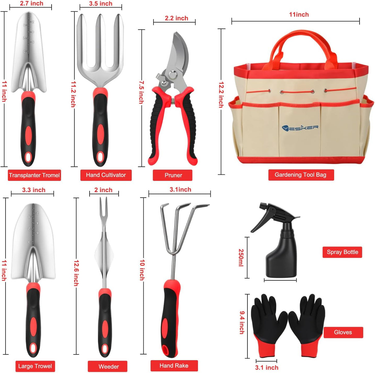 Gardening Tools 9-Piece Heavy Duty Garden Tool Set Gardening Supplies Gifts for Women Men Gardening Hand Tool Kit with Non-Slip Ergonomic Handle, Garden Bag, Durable Gloves, Pruning Shears, Red