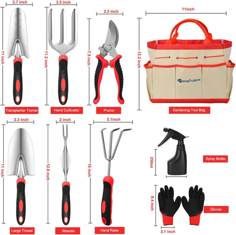Gardening Tools 9-Piece Heavy Duty Garden Tool Set Gardening Supplies Gifts for Women Men Gardening Hand Tool Kit with Non-Slip Ergonomic Handle, Garden Bag, Durable Gloves, Pruning Shears, Red