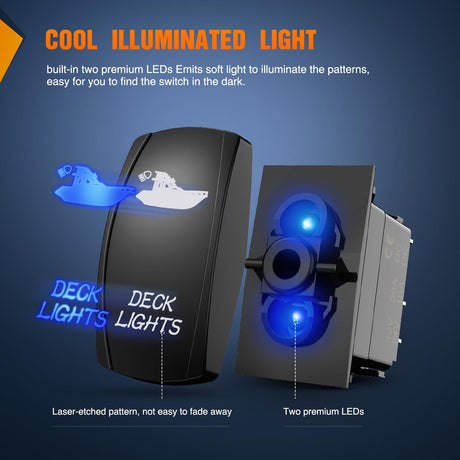 Deck Lights Rocker Switch Led Light Bar 5 Pin Laser On Off SPST Switches 20A/12V 10A/24V Blue with Jumper Wires Set for Cars Trucks Boats ATVs UTVs RVs