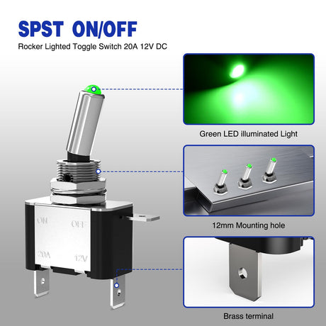 3PCS Green LED Toggle Switches 12V 20A 3 Pin 2 Position ON Off SPST Heavy Duty Rocker Switch for Auto Car Marine RV Vehicles Truck Boat Dash