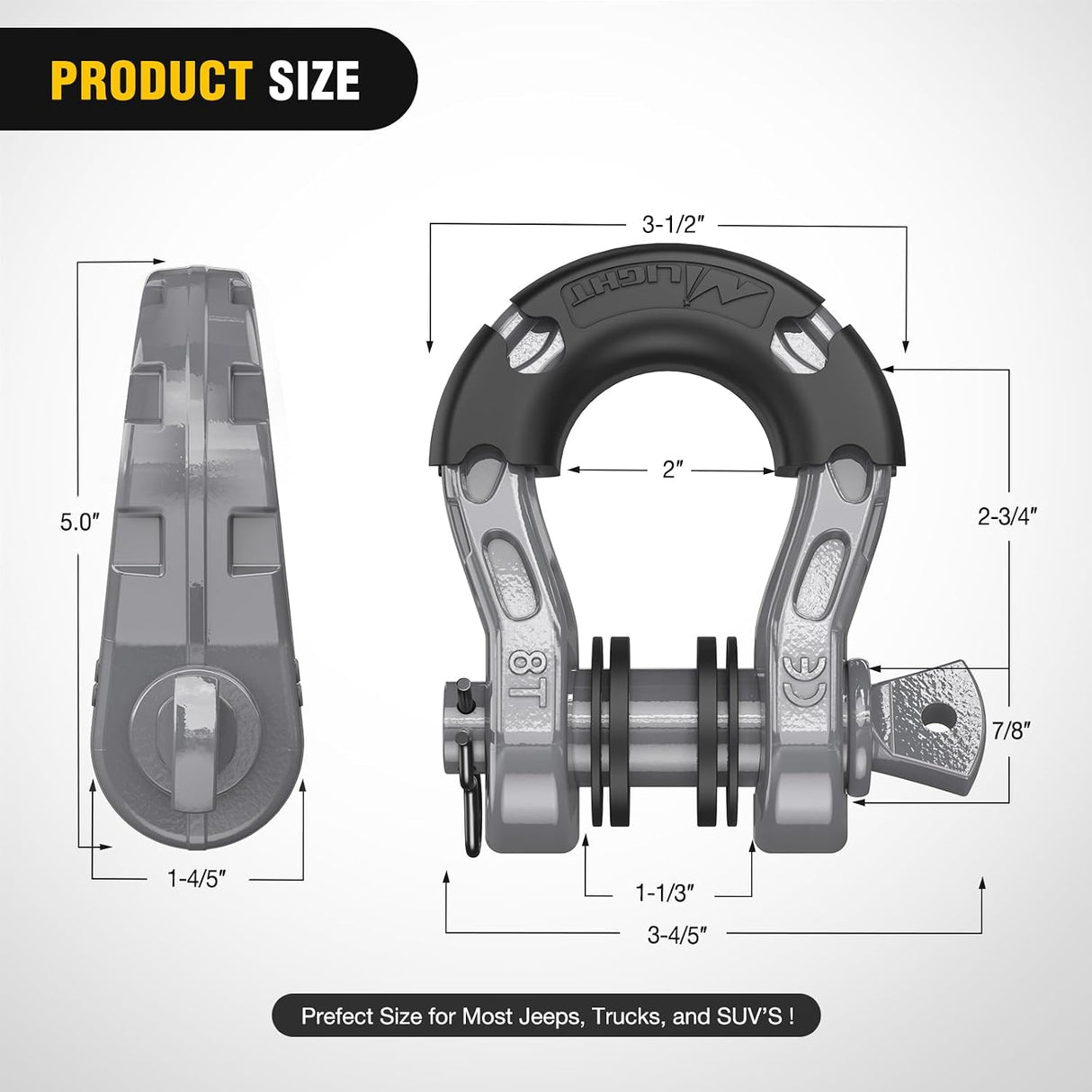 Mega D-Ring Shackles, 3/4 Inch Heavy Duty Recovery Tow Shackle | 7/8 Inch Screw Pin & isolator, 2Pcs Gray, 68,000 lbs Break Strength(17,000 lb WLL), Forged Steel, Off-Road Recovery