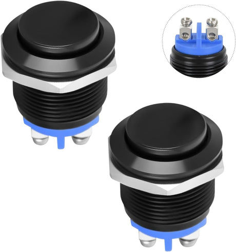 16mm Momentary Push Button Switch 12V Waterproof Black Metal Round Starter Power Switches 2PCS 2 Pin Screw Terminal for Car Truck Horn Boat Marine RV Vehicle