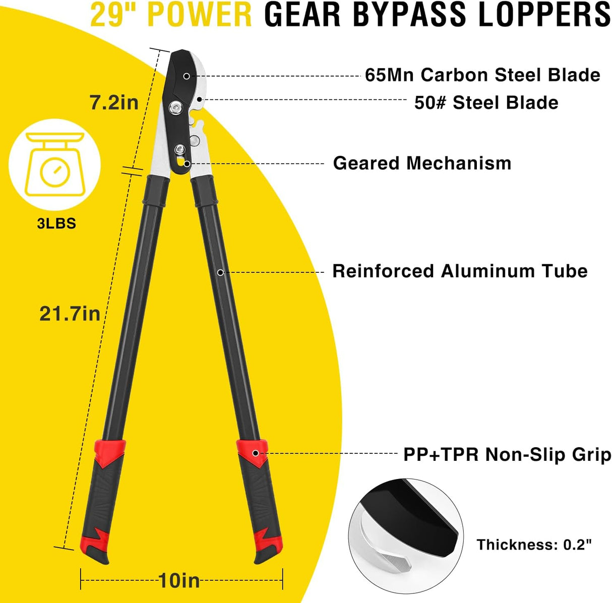 29 Inch Loppers for Tree Trimming Heavy Duty Bypass Loppers Powerful Gear Action Sharp Steel Blade Tree Trimmer up to 1.5 Inch Dia Cut Capacity Non-slip Handle Branch Cutter for Garden Maintenance