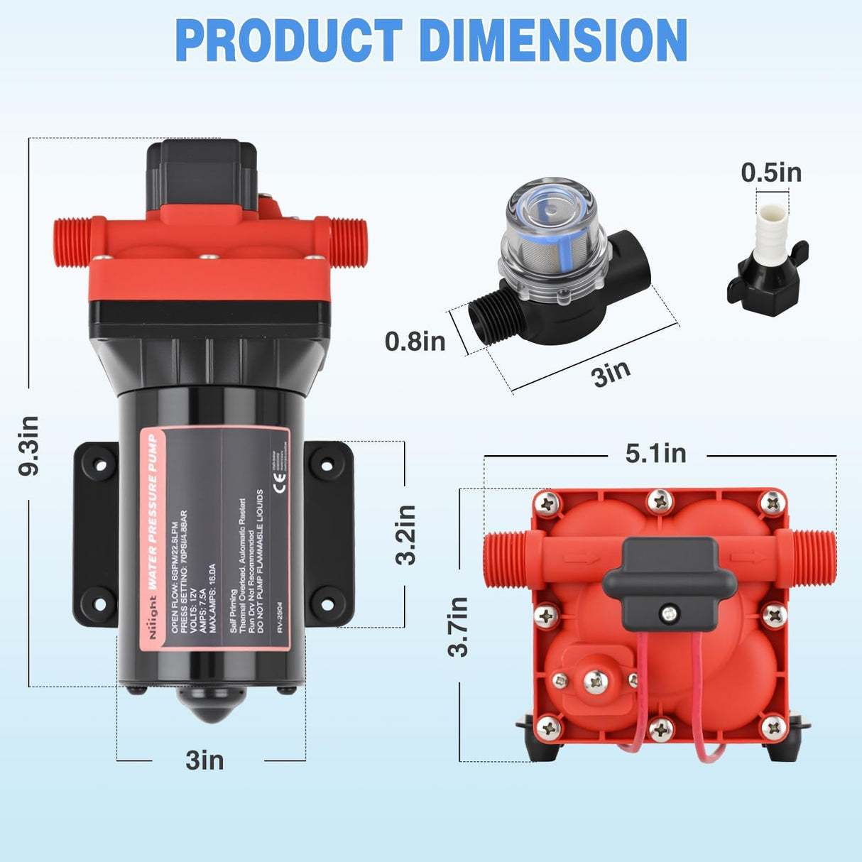 RV Water Pump 12v Diaphragm Pump 6.0 GPM 70 PSI with Pressure Switch & Strainer 12 Volt DC Heavy Duty Camper RV Pump Upgrade Self-Priming Low Noice for RV Marine Yacht Caravan Camper Trailer