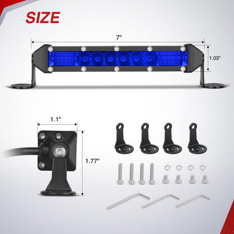 Slim LED Light Bar 2Pcs 7 Inch 16LED Single Row Spot Flood Combo Blue Off Road Driving Fog Fishing Hunting Emergency Safety Signal Lighting for 12V 24V ATV UTV Pickup Truck Tractor Boat