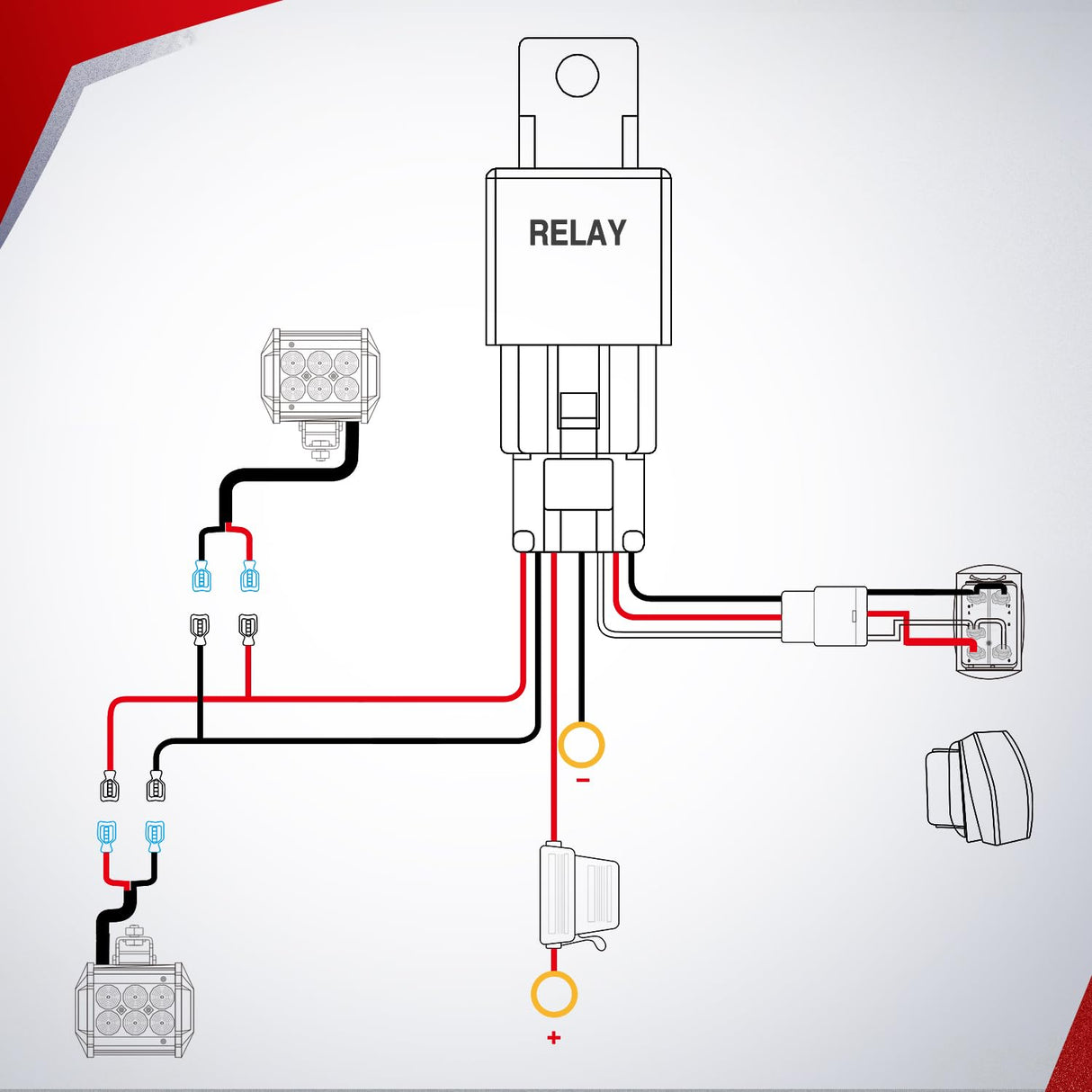 16AWG Wire Harness Kit 2 Leads W/ 12V 5Pin Light Pods Switch | 3 Fuses | 4 Spade Connectors Nilight