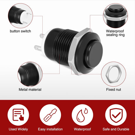 12mm Momentary Push Button Switch 6PCS 12V Waterproof Black Metal Small Round Power Push Button Switches 2 Pin for Car Automotive Truck Boat Marine Off-Road Vehicle