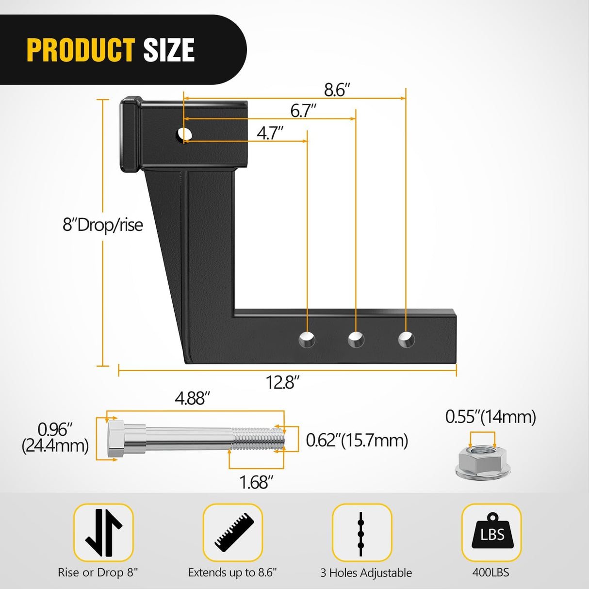 Trailer Hitch Extension Riser for 2 Inch Receiver with 8 Inch Rise or Drop with Bolt Nut Clip 10,000 lbs Capacity Adjustable Extend 4.7 Inch 6.7 Inch 8.6 Inch Length Black Coated for Class I-VI Receivers