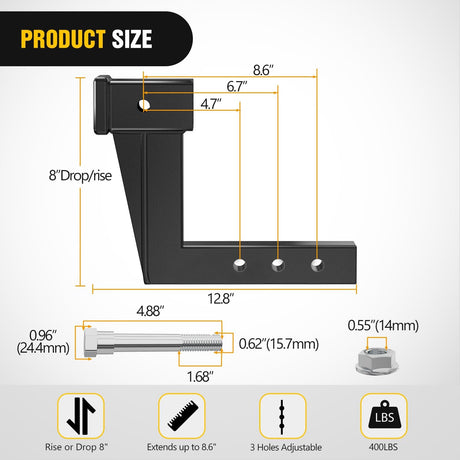 Trailer Hitch Extension Riser for 2 Inch Receiver with 8 Inch Rise or Drop with Bolt Nut Clip 10,000 lbs Capacity Adjustable Extend 4.7 Inch 6.7 Inch 8.6 Inch Length Black Coated for Class I-VI Receivers