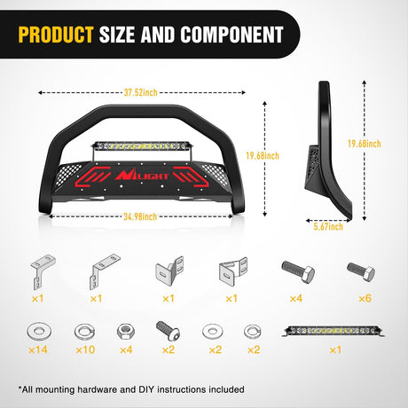 Bull Bar&License Plate Hole with LED Light Bar Compatible with Ford Ranger 2019 2020 2021 2022 2023 2024 2025 2026 Truck Brush Guard, Front Bumper Push Bar w/Grille Skid Plate Light Mount