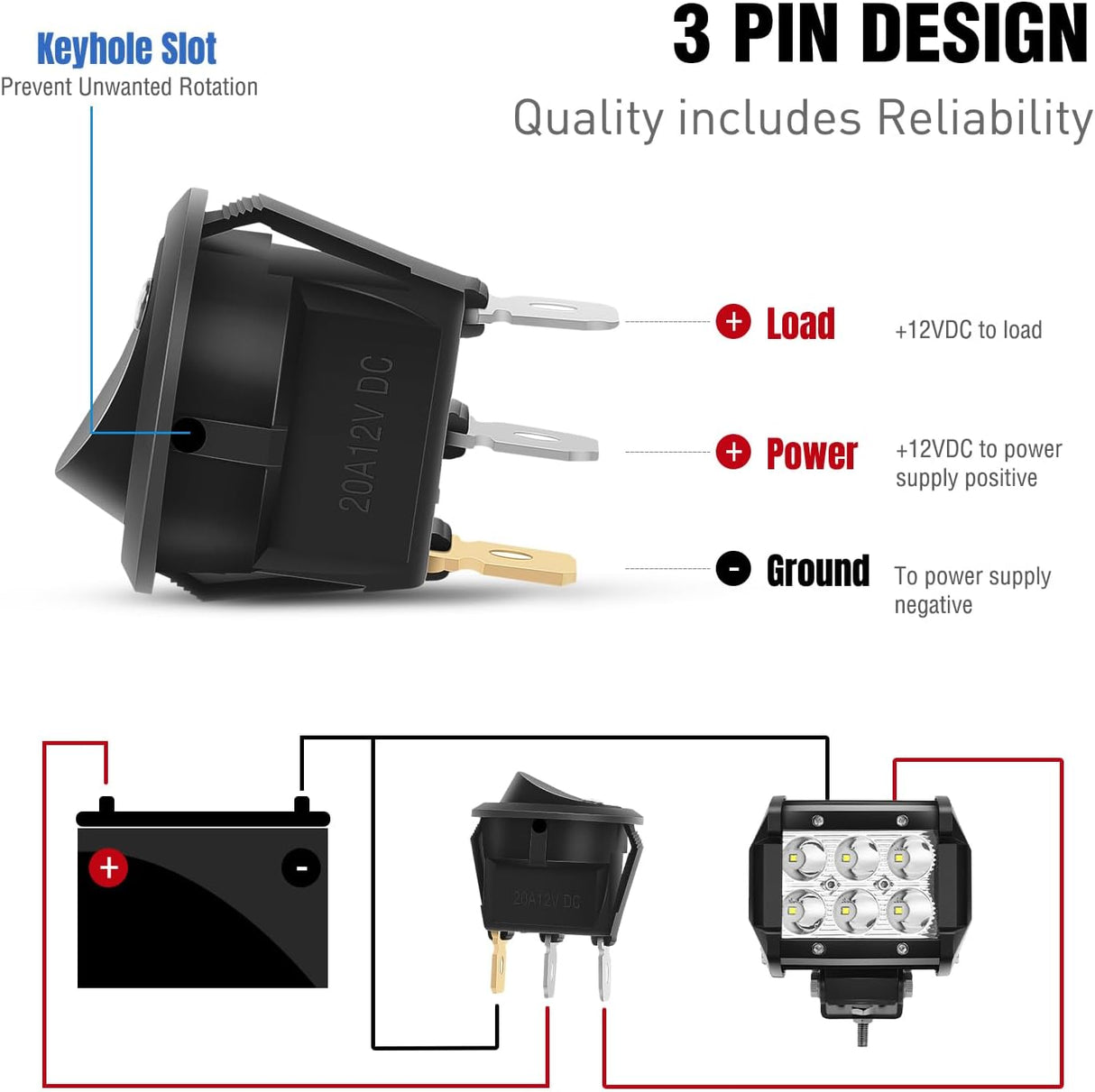 12PCS Round Rocker Switches 12V 24V 20A White LED Toggle swtiches SPST 3 Pin 2 Position for Car Truck Vehicle Boat Marine Rocker On Off Control