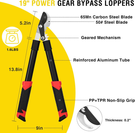 19 Inch Loppers Heavy Duty Branch Cutter Sharp Steel Blade Tree Trimmer up to 1 Inch Diameter Cut Capacity Powerful Gear Action Lightweight Bypass Loppers Tools for Tree Trimming Garden Maintenance