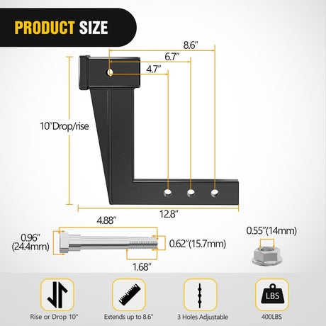 Trailer Hitch Extension Riser for 2 Inch Receiver with 10 Inch Rise Drop with Bolt Nut Clip 10,000 lbs Capacity Adjustable Extend 4.7 Inch 6.7 Inch 8.6 Inch Length Black Coated for Class I-VI Receivers