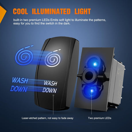 Wash Down Rocker Switch Led Light Bar 5 Pin Laser On Off SPST Switches 20A/12V 10A/24V Blue with Jumper Wires Set for Cars Trucks Boats ATVs UTVs RVs
