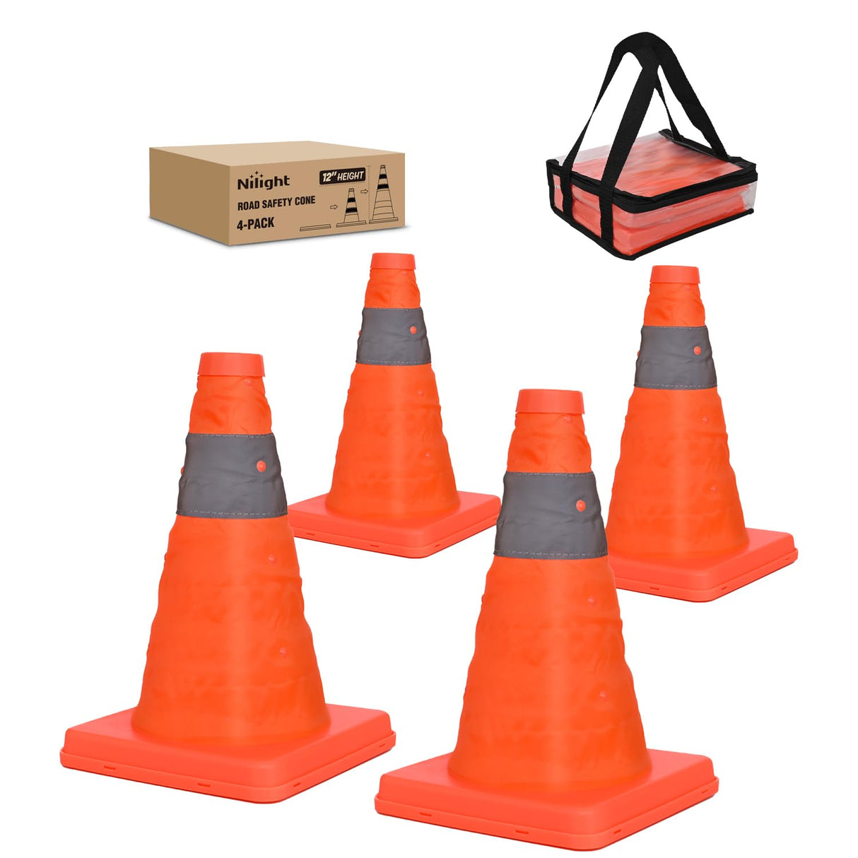 12 Inch Collapsible Traffic Safety Cones 4 Pack - Bright Orange Parking Cones with Reflective Collars for Roadside Emergency, Parking, Driving Practice