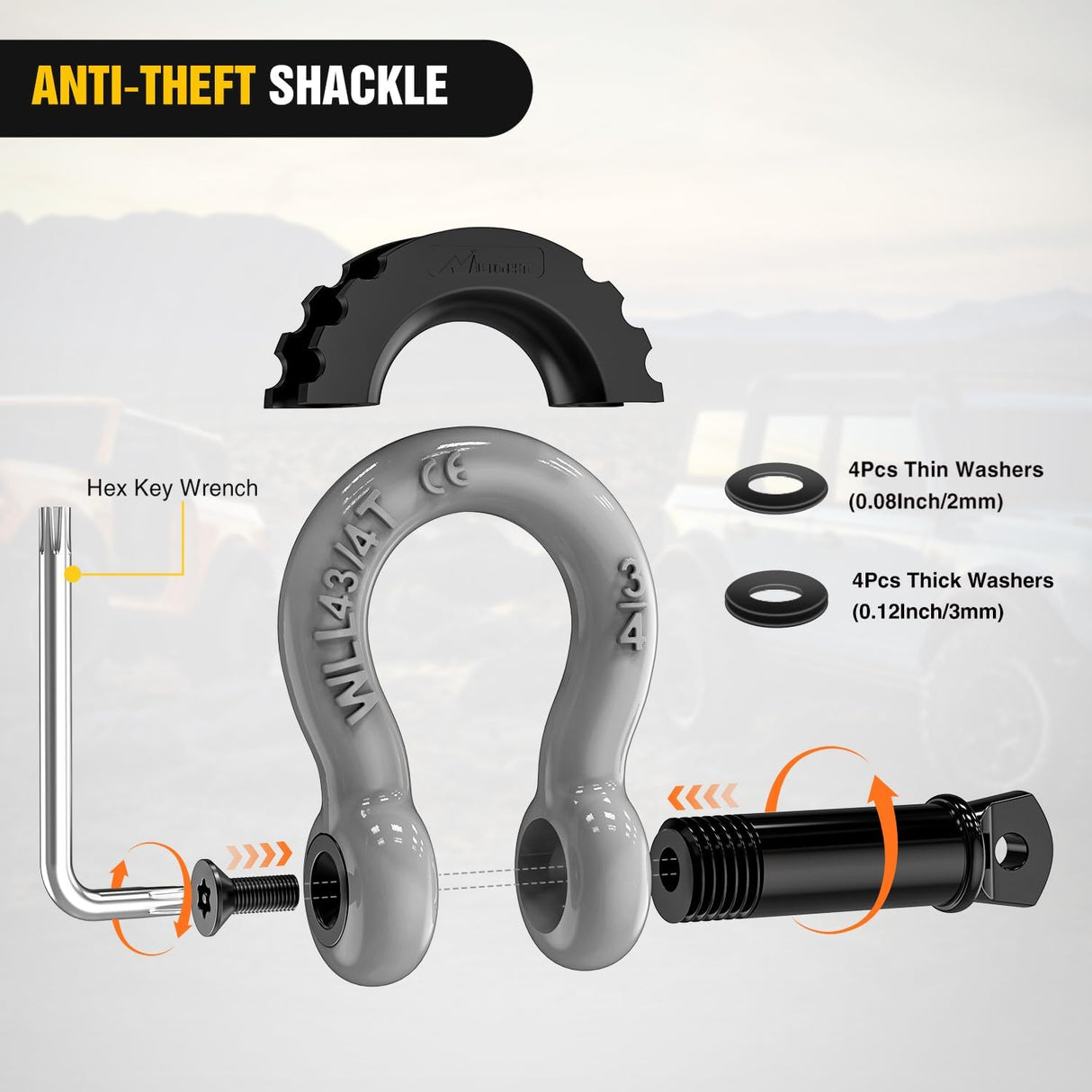 3/4 Inch D Ring Anti-Theft Shackle Tow Hook Jeep Truck SUV ATV UTV | Off Road Recovery Gear 19T 41,887 lbs Break Strength 4.75T WLL Rust-Resistant Anti-Rattle Isolators Heavy Duty Grey 2pack