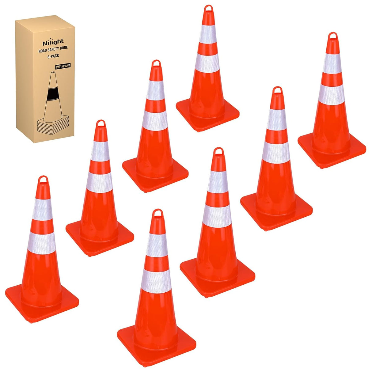 28 inch Traffic Safety Cones, 8  Pack Durable PVC Orange Cones with Reflective Collars for Road Safety, Parking, Construction Work, Sports Training
