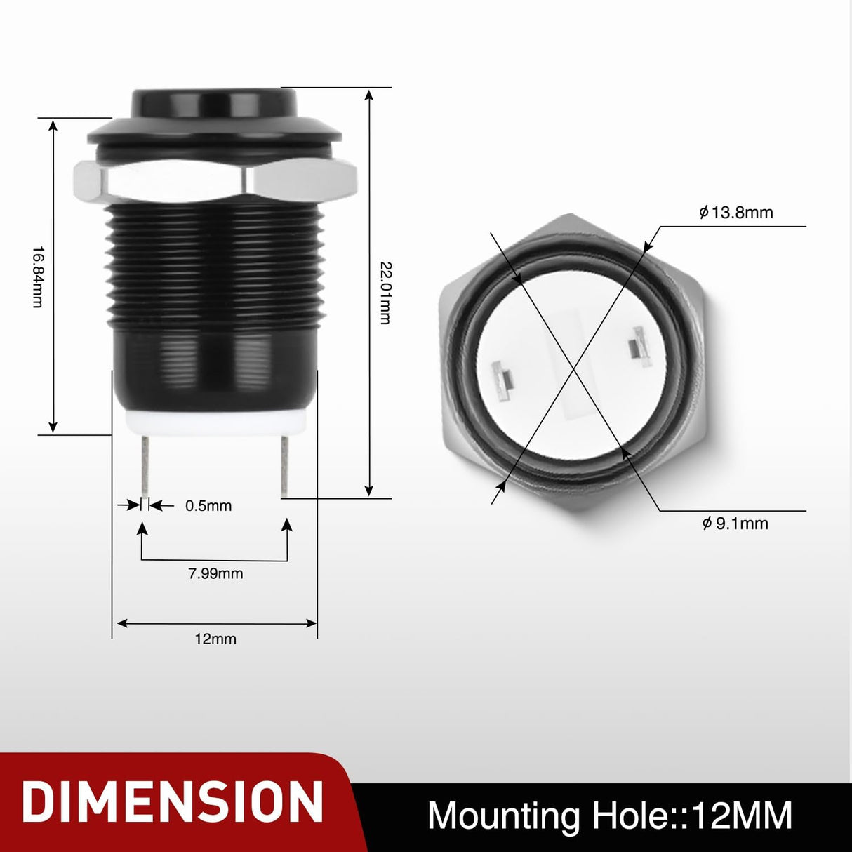 12mm Momentary Push Button Switch 6PCS 12V Waterproof Black Metal Small Round Power Push Button Switches 2 Pin for Car Automotive Truck Boat Marine Off-Road Vehicle