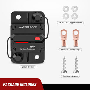 150A Circuit Breaker Resettable 12-48V DC Manual Reset w/Copper Wire Lugs Surface Mount Overload Protection Nilight