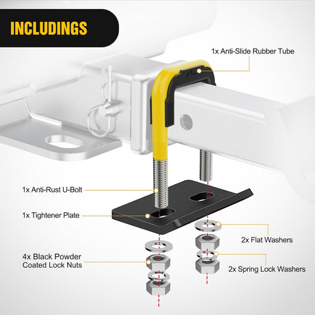 Trailer Hitch Tightener for 2 Inch Trailers Hitches Mount Anti Rattle Heavy Duty Steel with Rubber Cover Yellow U Bolt Matte Black Plate Electrophoresis Anti-Rust Triple Protective