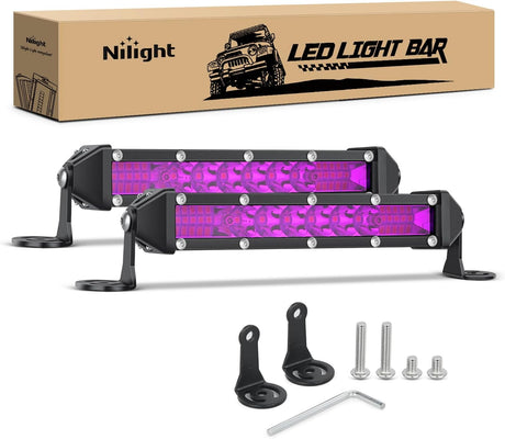 Slim LED Light Bar 2Pcs 7 Inch 16LED Single Row Spot Flood Combo Purple Off Road Driving Decoration Neon Hunting Lighting for 12V 24V ATV UTV Pickup Truck Tractor