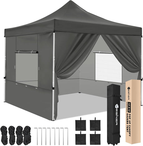 10x10 Pop Up Canopy Tent with 4 Sidewalls Portable Folding Outdoor Canopy Easy Setup Gazebo Waterproof Instant Popup Shelter Tent w Wheeled Carry Bag sandbags for Events Parties Camping, Gray