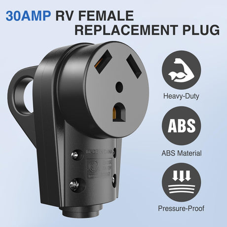 30 Amp RV Female Replacement Plug 125 Volt Heavy Duty Socket Receptacle with Handle ETL Listed NEMA TT-30R for Camper Caravan Motorhome Van Trailer