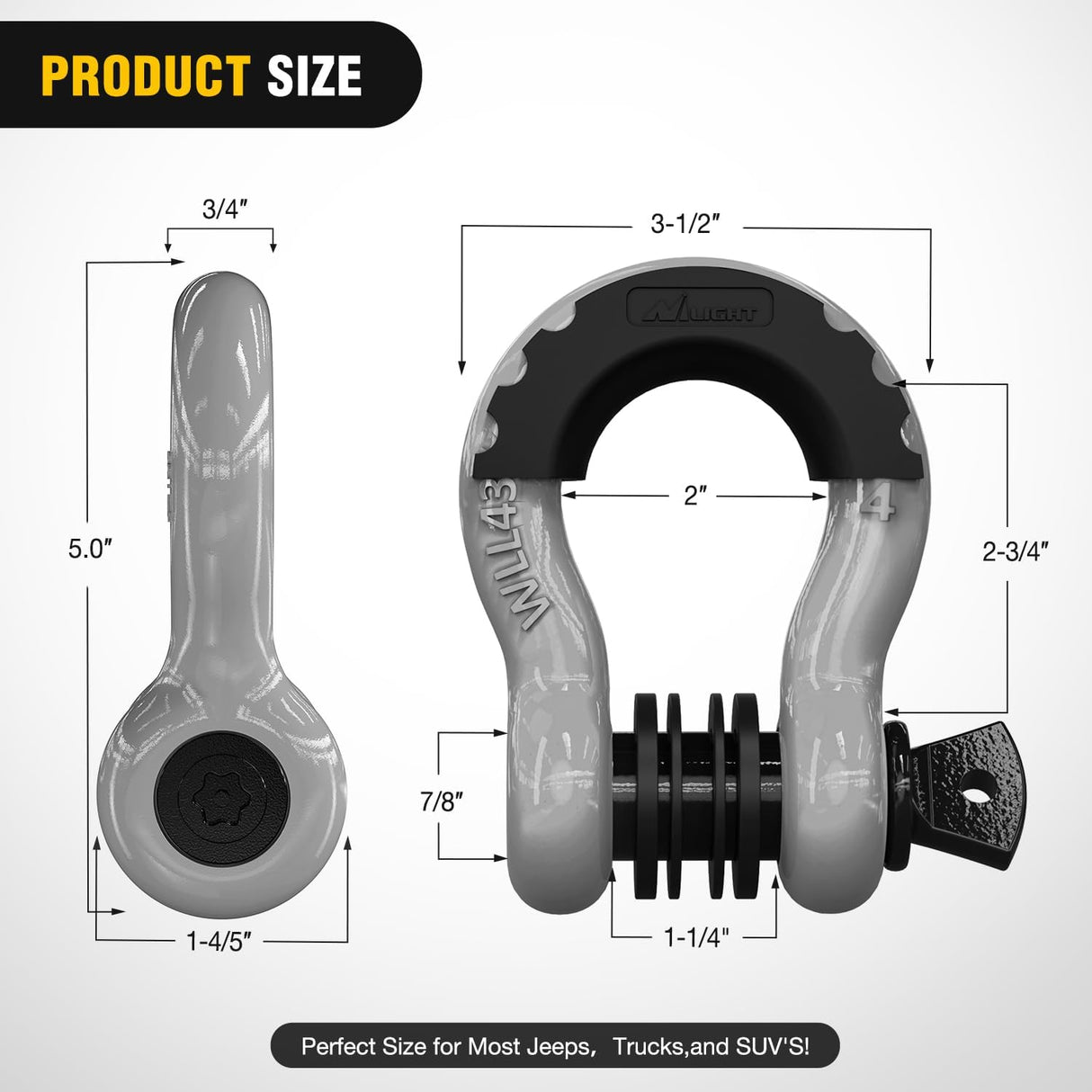 3/4 Inch D Ring Anti-Theft Shackle Tow Hook Jeep Truck SUV ATV UTV | Off Road Recovery Gear 19T 41,887 lbs Break Strength 4.75T WLL Rust-Resistant Anti-Rattle Isolators Heavy Duty Grey 2pack