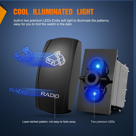 Radio Rocker Switch Led Light Bar 5 Pin Laser On Off SPST Switches 20A/12V 10A/24V Blue with Jumper Wires Set for Cars Trucks Boats ATVs UTVs RVs