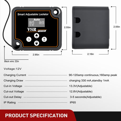 Dual Battery Isolator Kit Smart Adjustable 12V 140 AMP Auto Manual Voltage Sensitive Relay VSR Automatic Disconnect Switch Delay Setting Waterproof for Truck Car Van RV ATV UTV Marine Boat