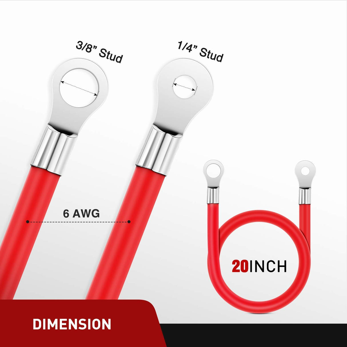 6AWG 20 Inch Battery Power Inverter Cables 3/8 Inch Lugs | Tinned Copper Teiminal Red Black Oxygen-Free Wires Max. 59.9A for Solar Motorcycle Automotive Power Inverters