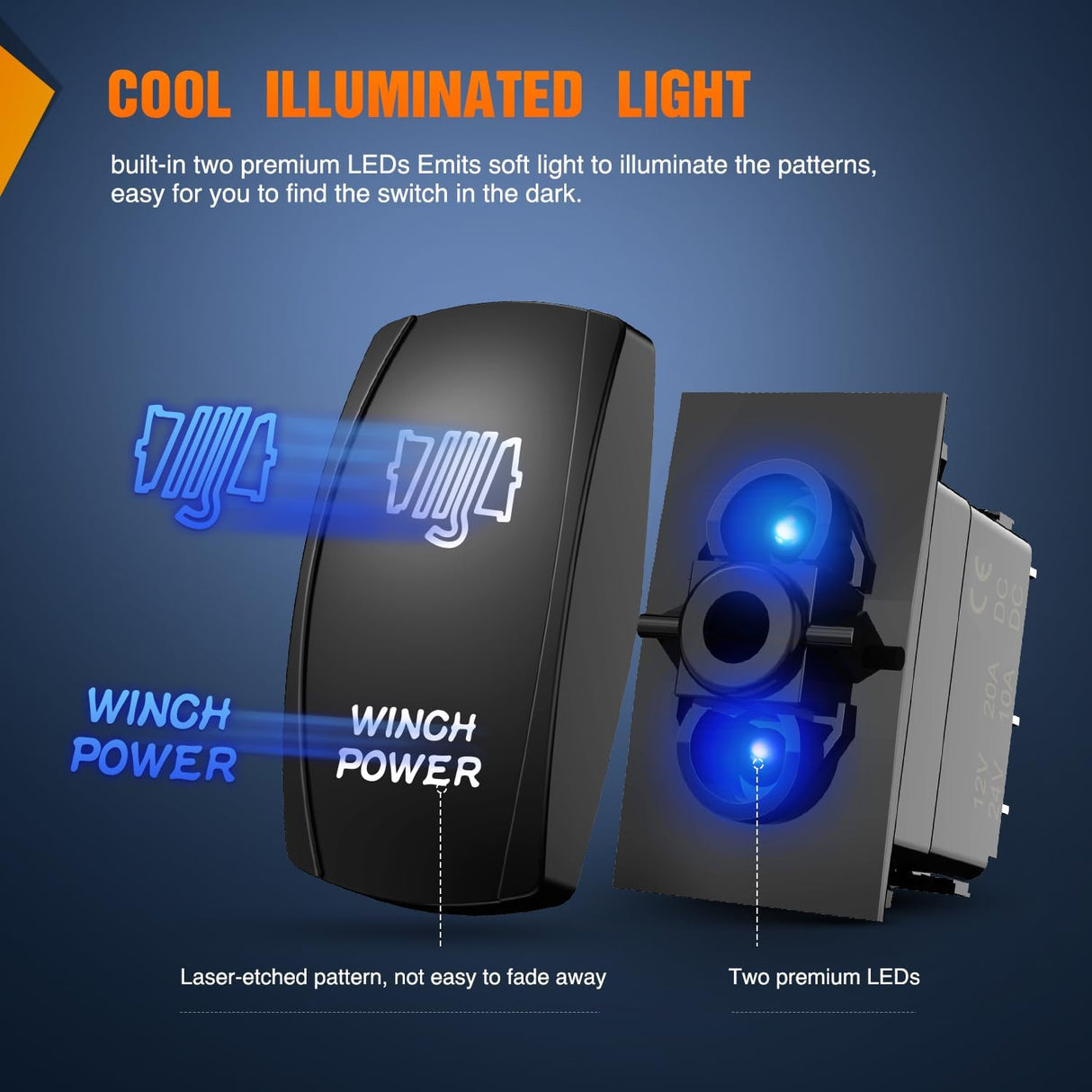 Winch Power Rocker Switch Led Light Bar 5 Pin Laser On Off SPST Switches 20A/12V 10A/24V Blue with Jumper Wires Set for Cars Trucks Boats ATVs UTVs RVs