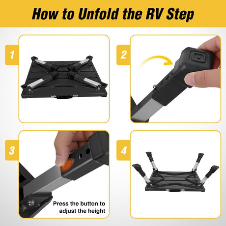 RV Step Stool Aluminum Folding Platform Steps 19x14.5 RV Steps 4 Levels Adjustable Heavy Duty Step Stool with Anti-Slip Surface Rubber Feet Portable Handle 500lbs for Camper Trailer, Black