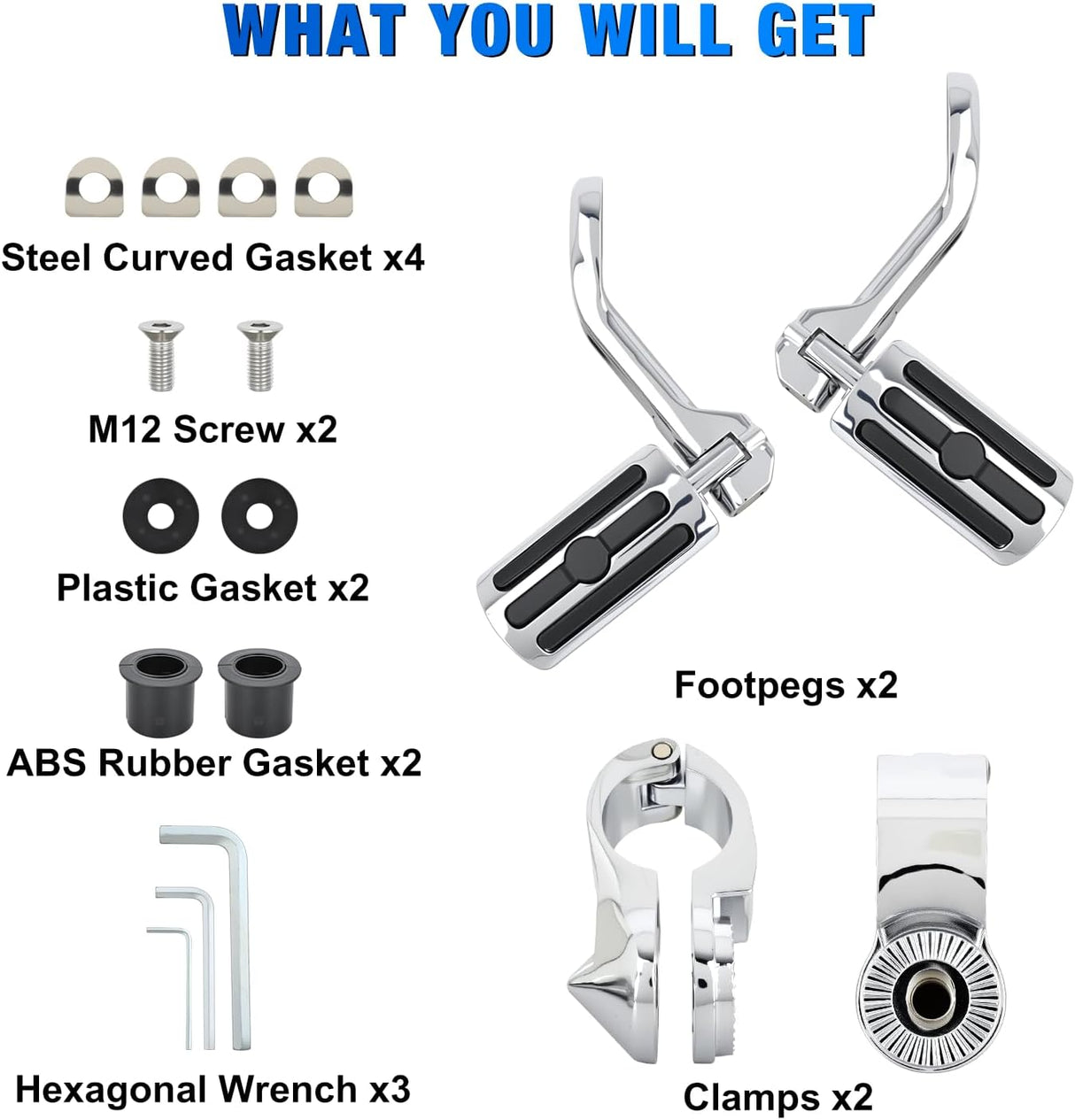 1.25 Inch Motorcycle Highway Pegs For Harley Davidson Touring Road King Street Glide Sportster, Adjustable Long Angled Foot Pegs Clamp Universal For 1-1/4 Inch Engine Guard Crash Bars Highway Footpegs
