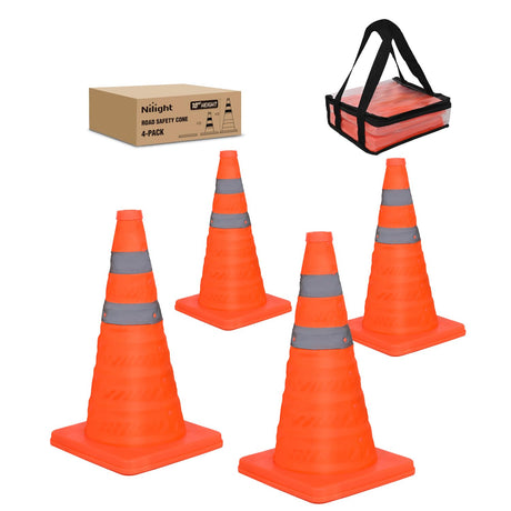18 Inch Collapsible Traffic Safety Cones 4 Pack - Bright Orange Parking Cones with Reflective Collars for Roadside Emergency, Parking, Driving Practice
