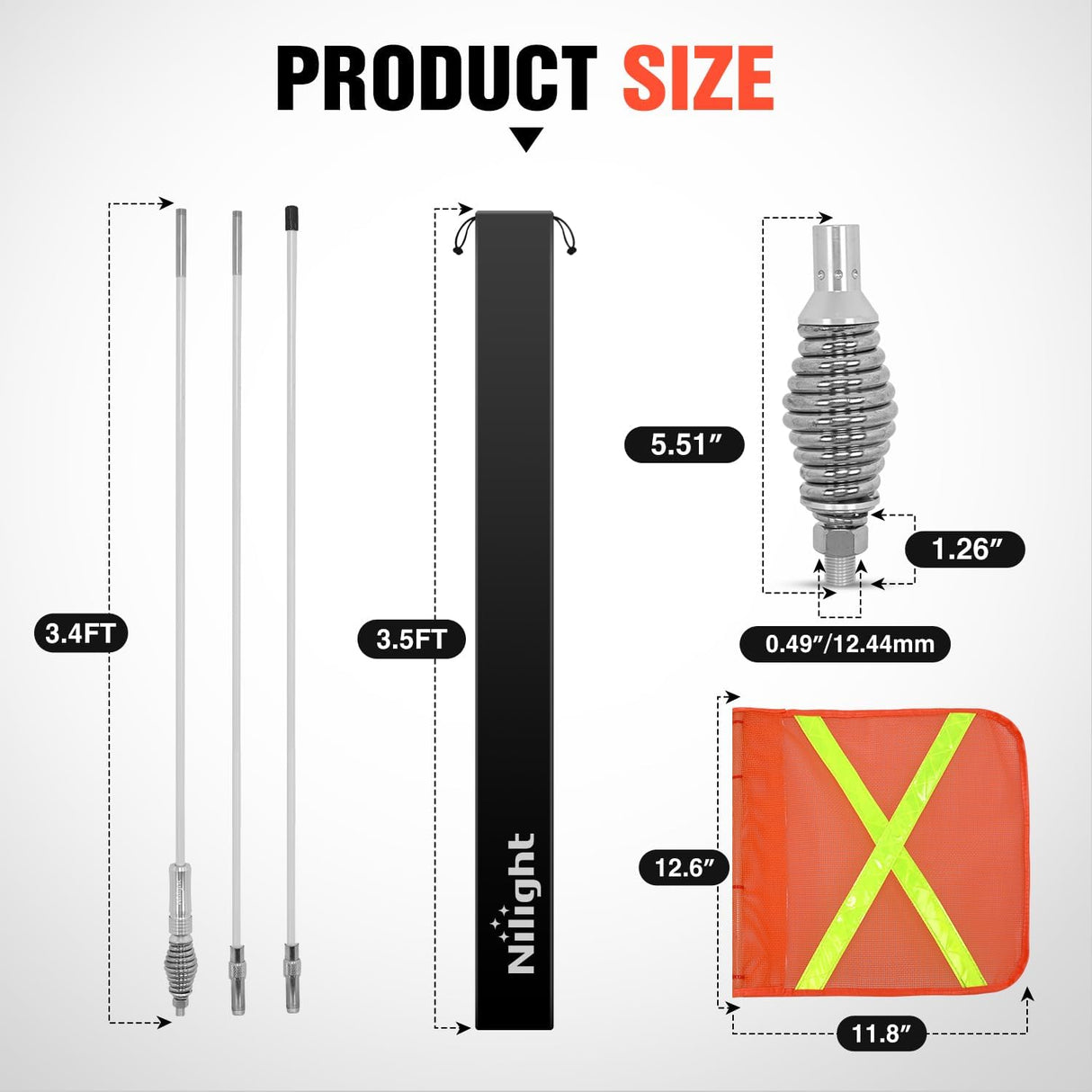Safety Flag with Quick-Connect Spring Base & Carry Bag, Adjustable Height 3.4FT, 6.6FT, 10FT, 11.8 Inchx11.8 Inch Heavy Duty PVC Reflective Flag for ATV UTV Offroad Jeep Truck Dune Buggy Boat 4x4s SxS