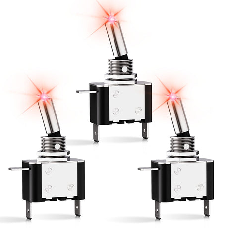 3PCS Red LED Toggle Switches 12V 20A 3 Pin 2 Position ON Off SPST Heavy Duty Rocker Switch for Auto Car Marine RV Vehicles Truck Boat Dash
