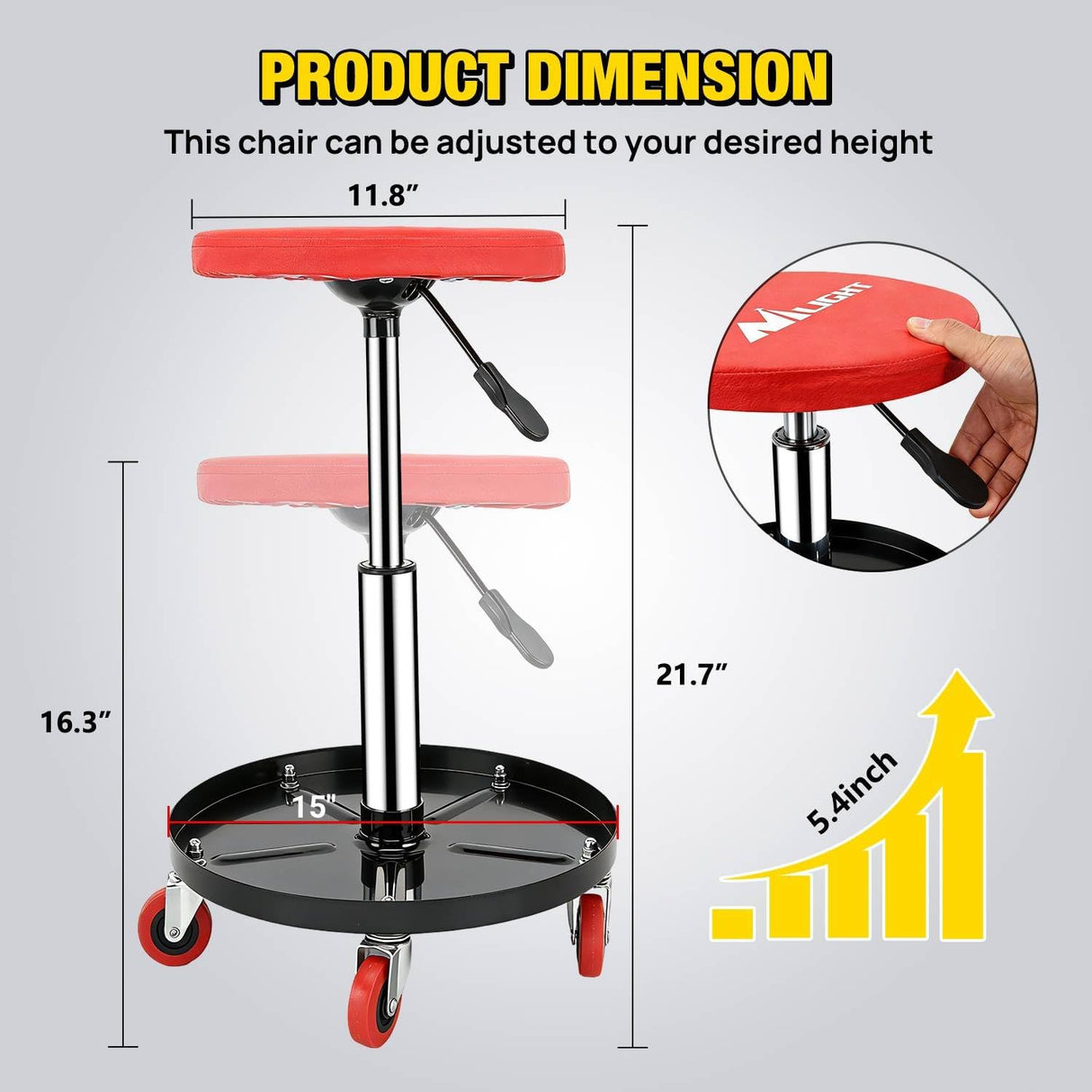 Rolling Mechanic Stool 330LBS Pneumatic Adjustable Swivel PU Seat | 360° Swivel Casters Steel Tool Tray Waterproof Seat for Garage Auto Repair Shop Workshop Warehouse Heavy Duty Workbench Stool