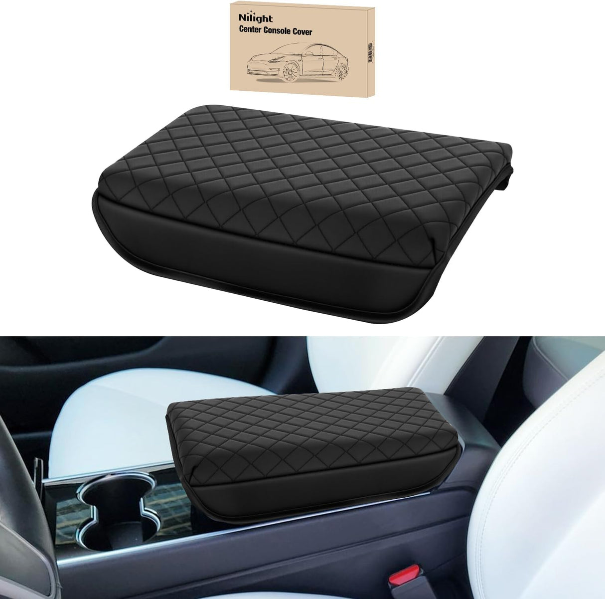 Center Console Cover Compatible with Tesla Model 3 Tesla Model Y Armrest Cover for Car Vegan Leather Middle Console Cover Car Center Console Cushion Pad (Not Fit for 2024 Tesla Model 3) -Black